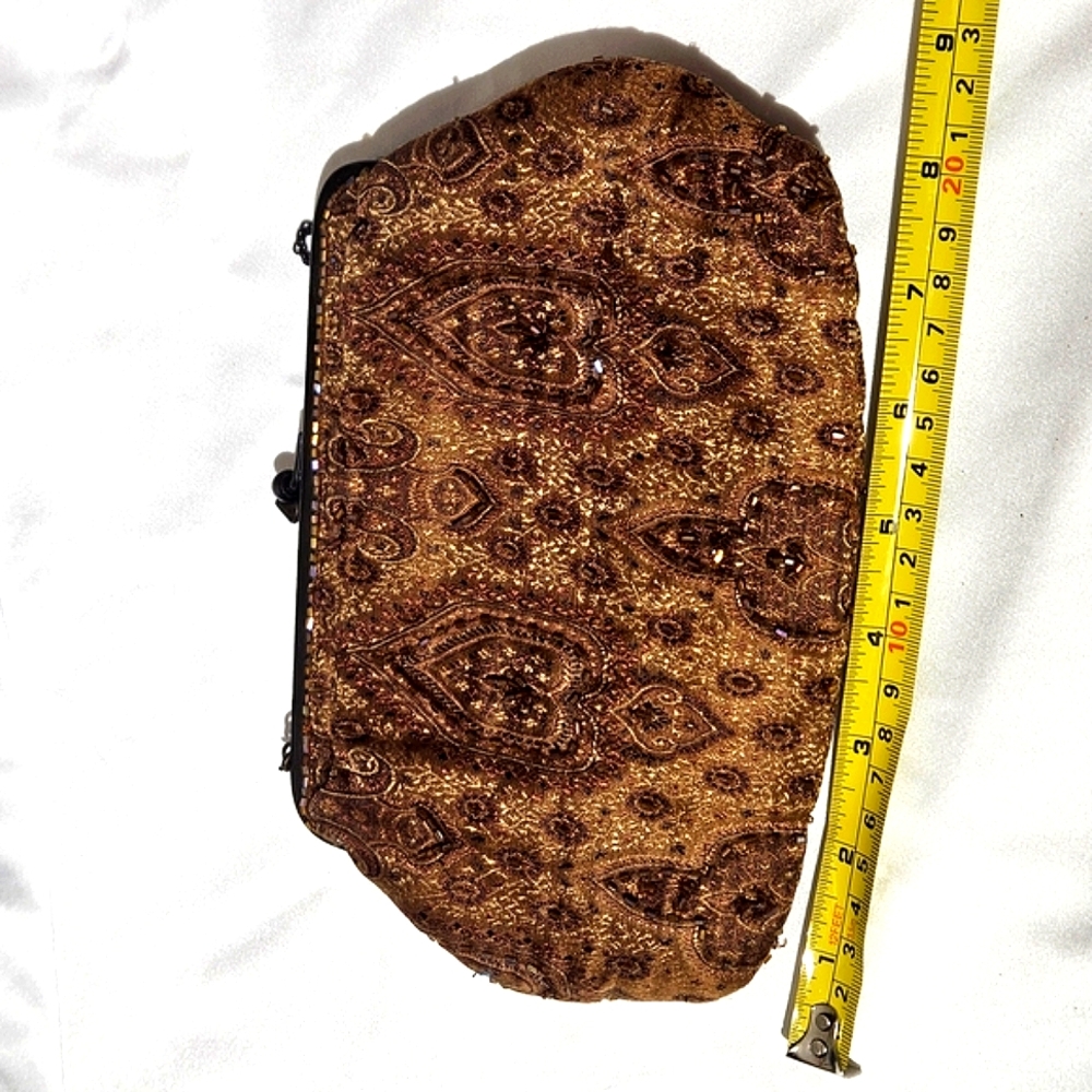 Moyna Brown Sequined Brocade Clutch with Metal Frame - Picture 7 of 7
